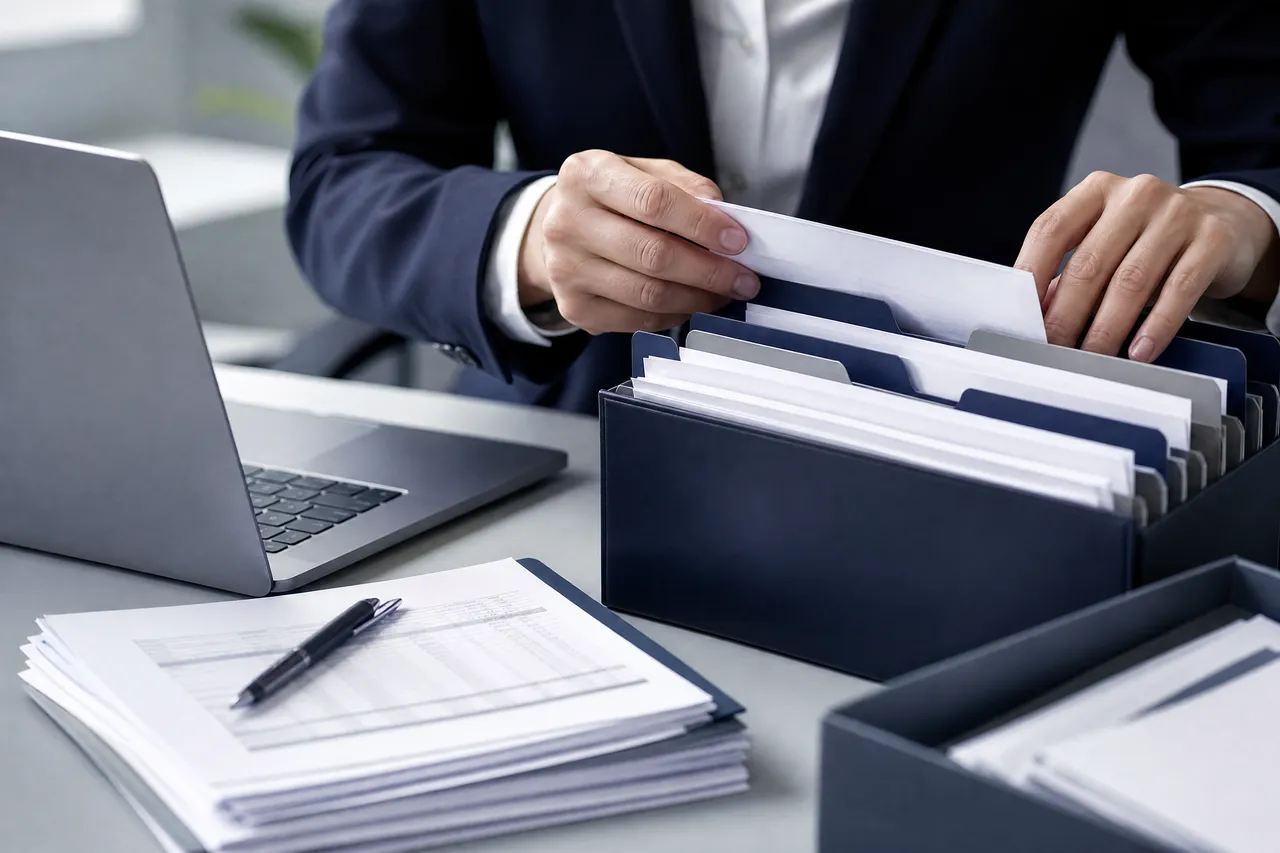 Des mains classent des factures et documents financiers dans des dossiers étiquetés, à côté d’un ordinateur portable