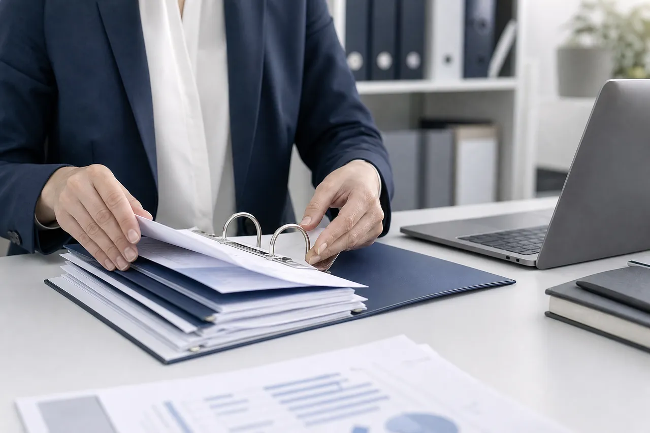 Des mains classent méthodiquement les documents de paie dans un classeur