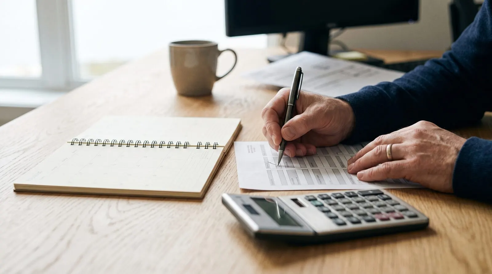 Mains qui cochent des montants sur un relevé, à côté d’une calculatrice