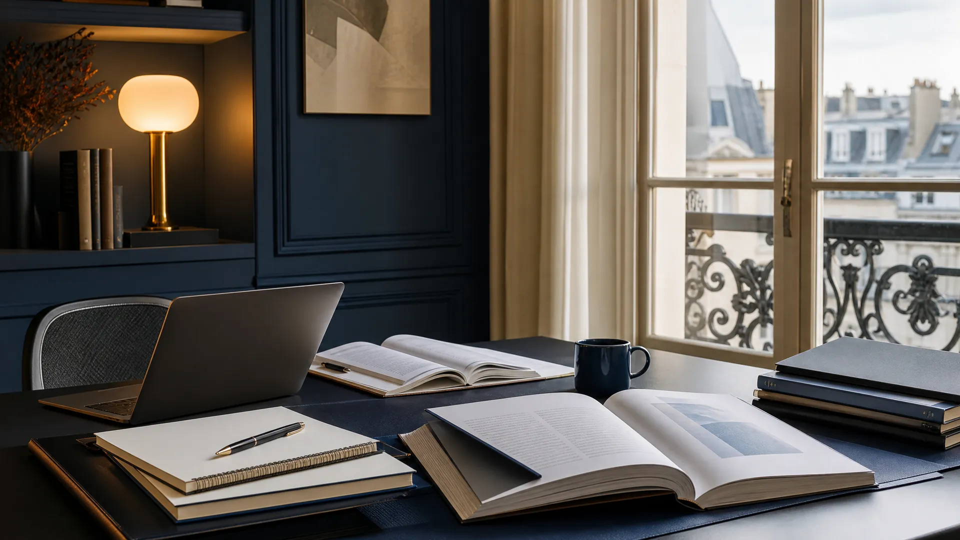 Coin ressources d’un cabinet d’expertise comptable : bureau lumineux avec carnet ouvert, ouvrages et tablette
