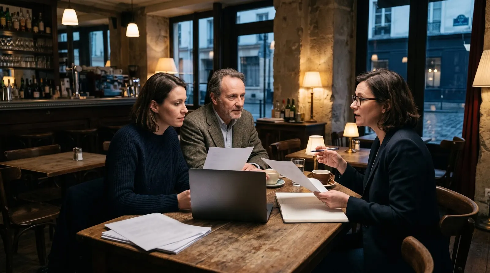 Un acheteur, un vendeur et une experte-comptable relisent des comptes à une table de café