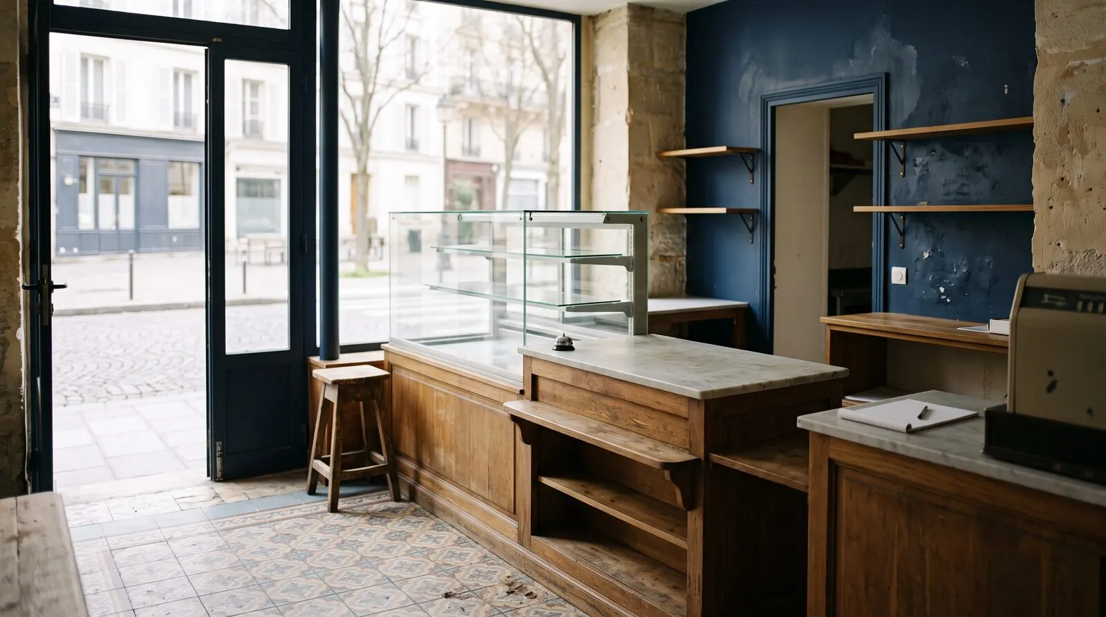 Une boutique parisienne vide, comptoir en bois et vitrines prêtes pour une reprise