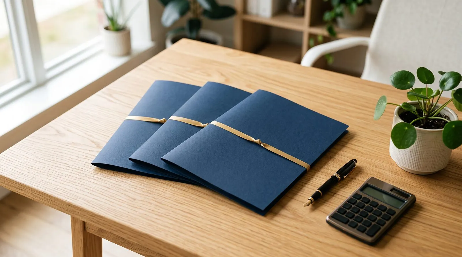 Trois chemises bleues reliées par un ruban doré sur un bureau en bois clair, à côté d’un stylo et d’une calculatrice