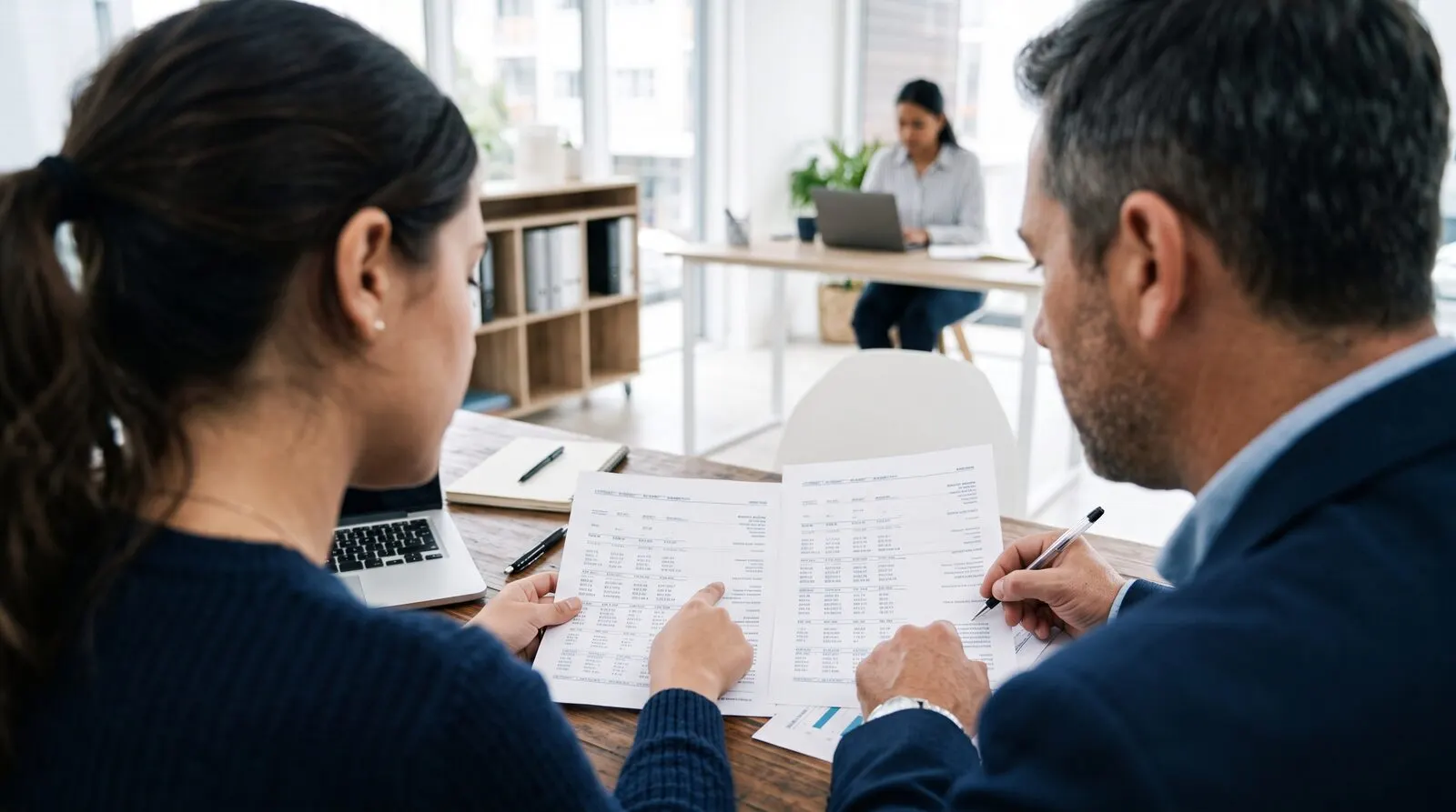 Un dirigeant et une experte-comptable comparent deux jeux de comptes annuels sur un bureau