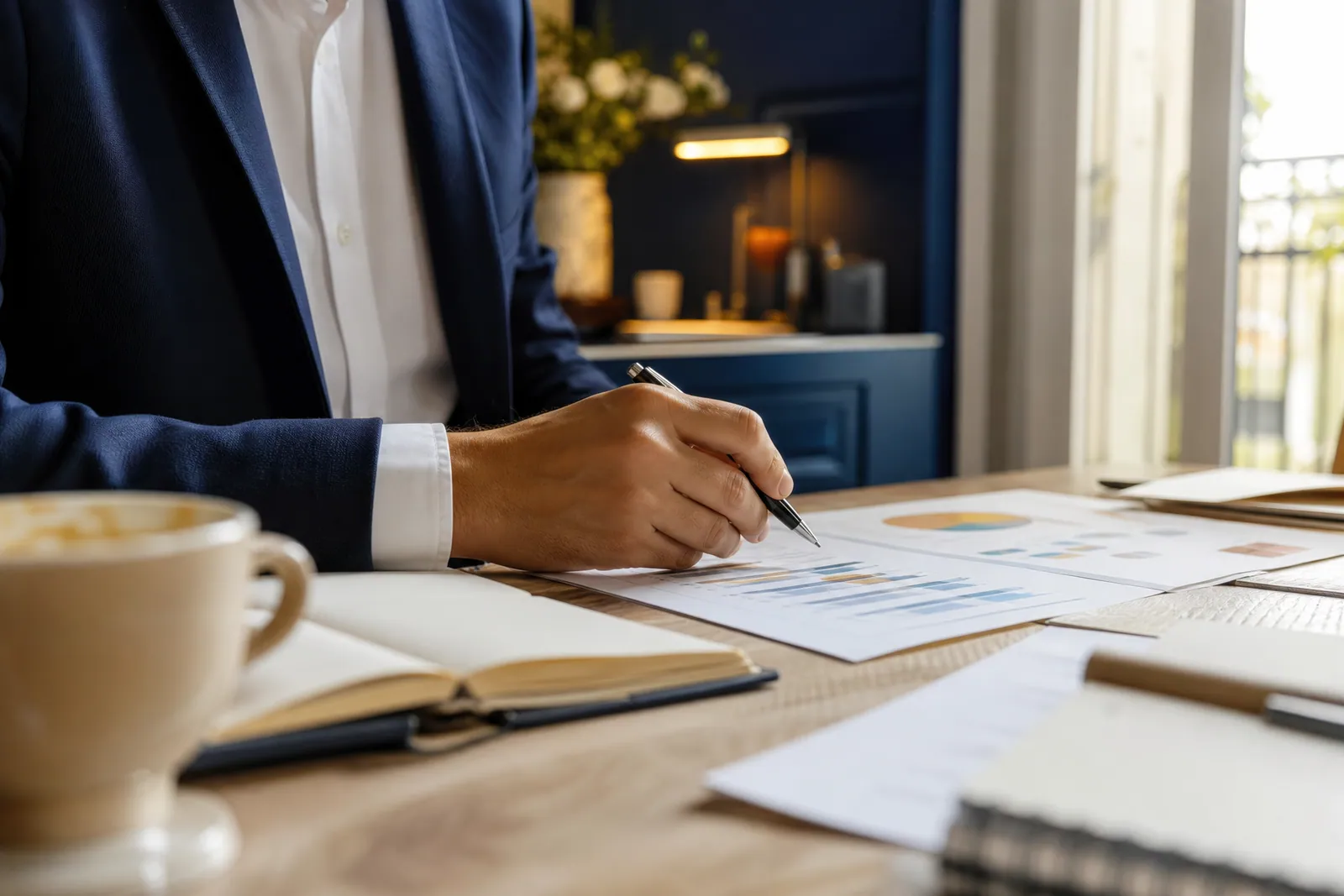 Annotation d’un point de gestion imprimé sur un bureau près d’une fenêtre