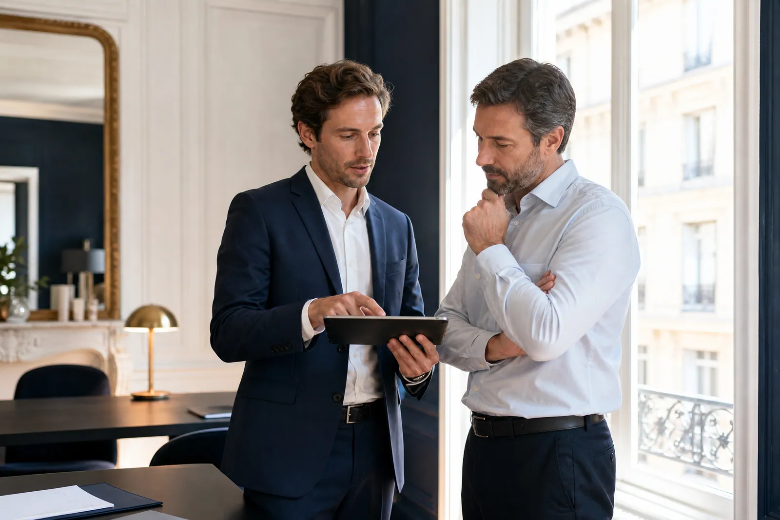 Conseiller présentant un point de gestion à un client près d’une fenêtre