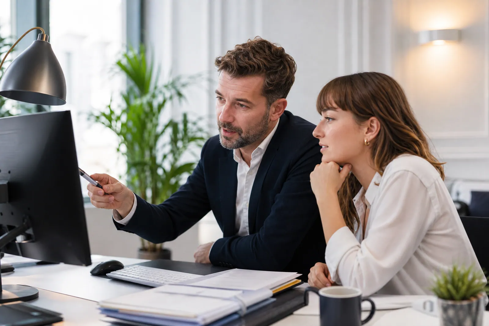 Deux collaborateurs préparant la paie sur un poste de travail