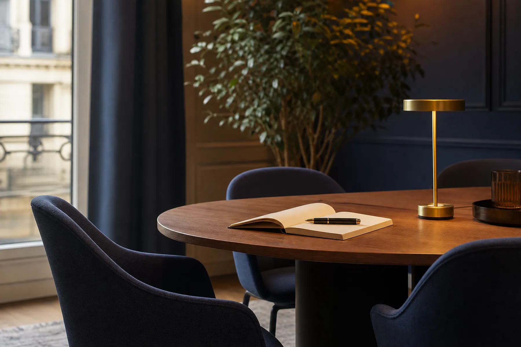 Espace de réunion du cabinet Emet Expertise, ambiance feutrée et professionnelle
