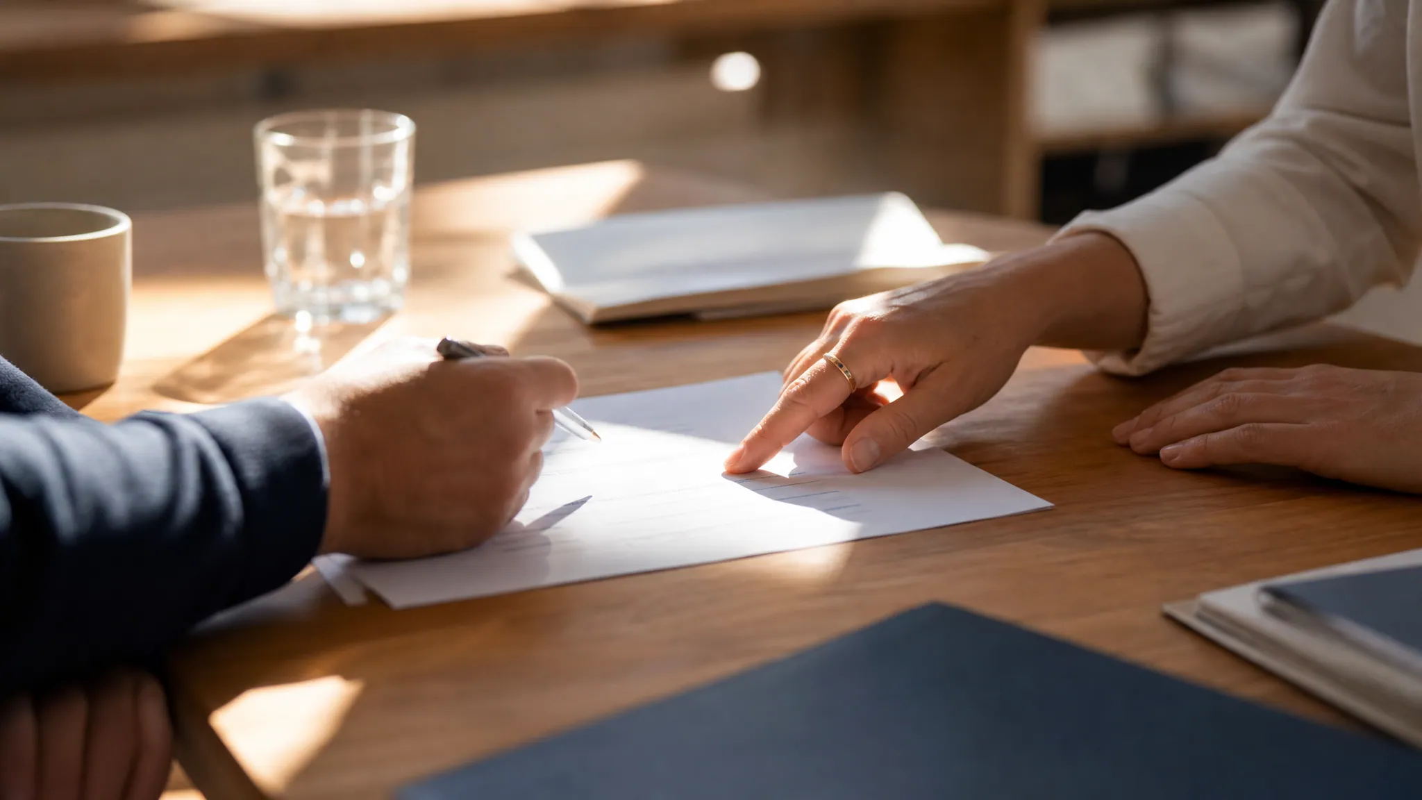 Deux paires de mains qui collaborent autour d’un même document, dans la lumière du jour