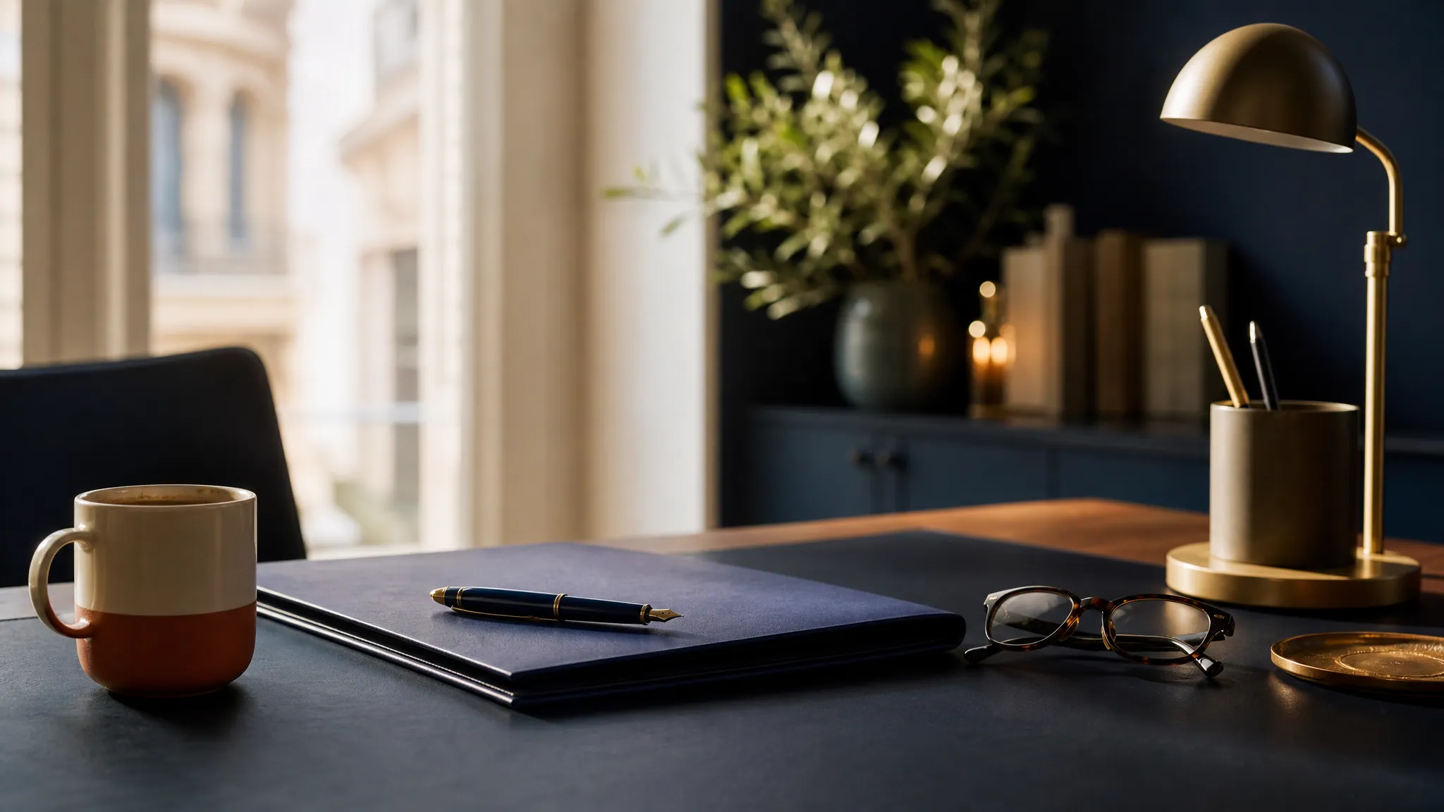 Un bureau au calme en fin de journée, carnet fermé et lampe allumée, devant une fenêtre donnant sur une façade haussmannienne