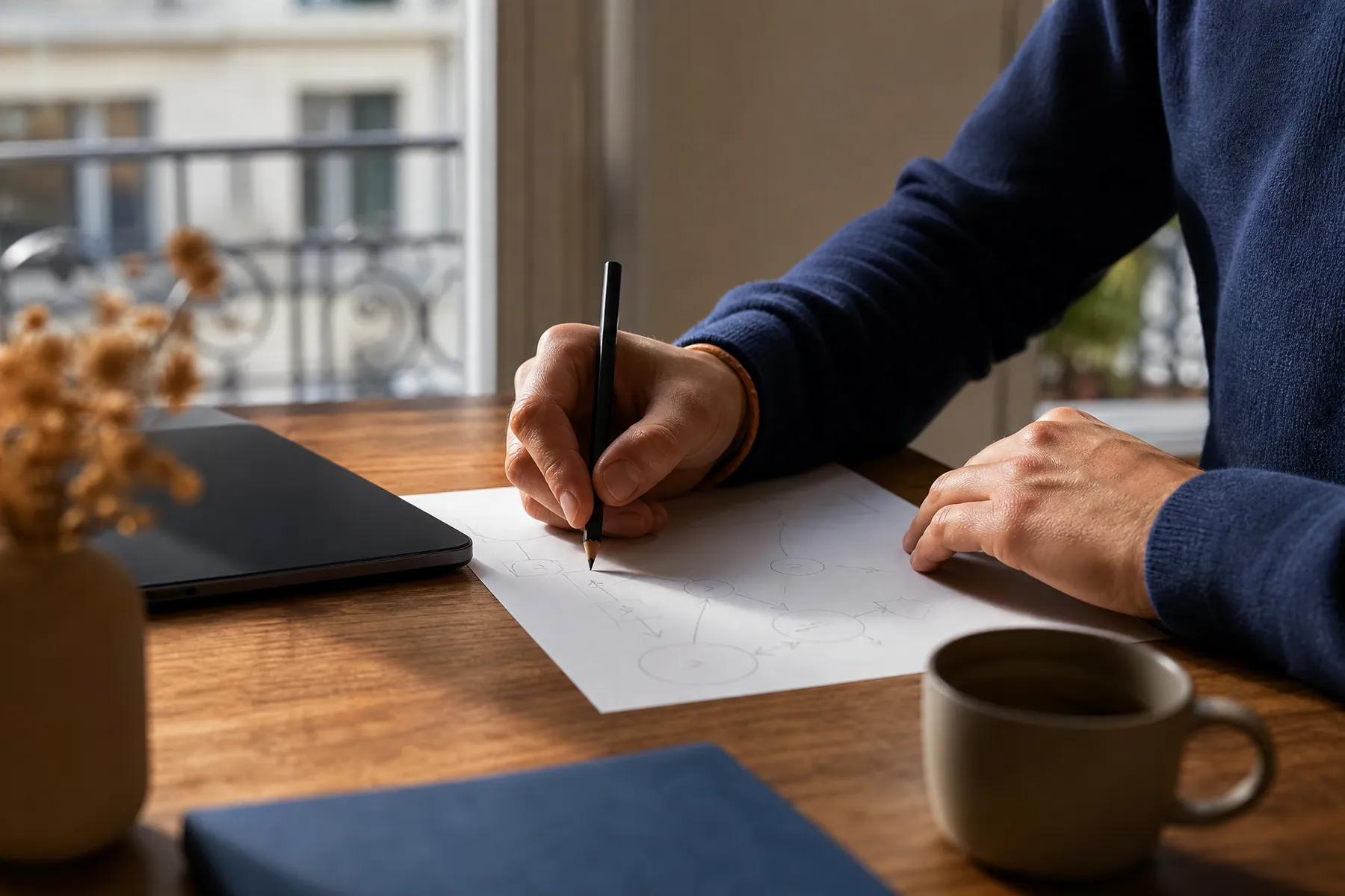 Croquis d’un schéma de pilotage sur papier, mains et crayon au premier plan — aide à la décision