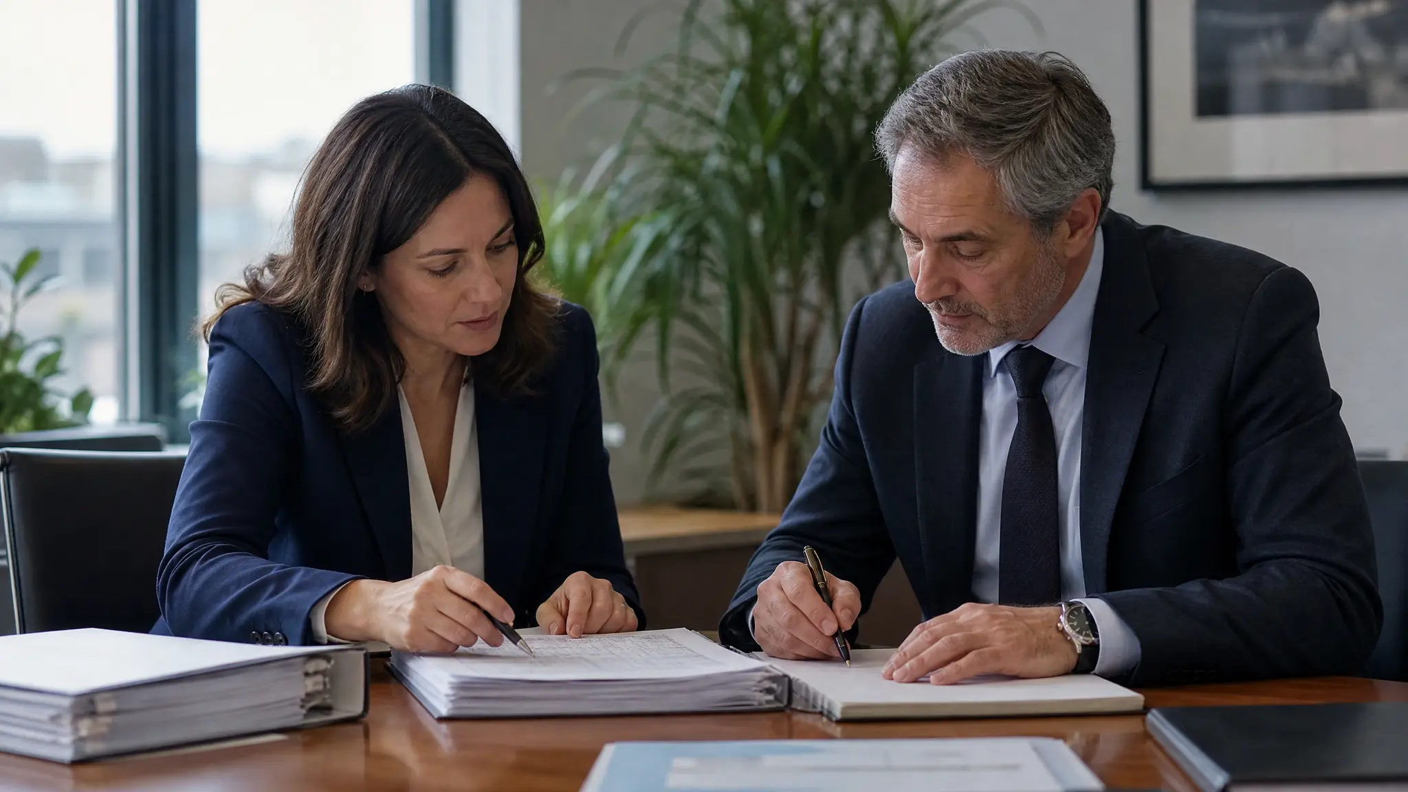 Deux personnes assises à une table de réunion examinant des classeurs de comptes imprimés, l’une pointant une ligne du stylo