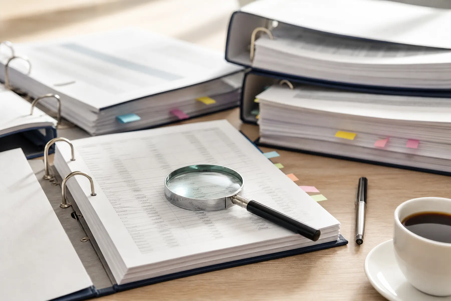 Classeurs de comptes ouverts et empilés sur une table en bois clair, onglets de couleur marquant des pages, loupe posée sur un feuillet