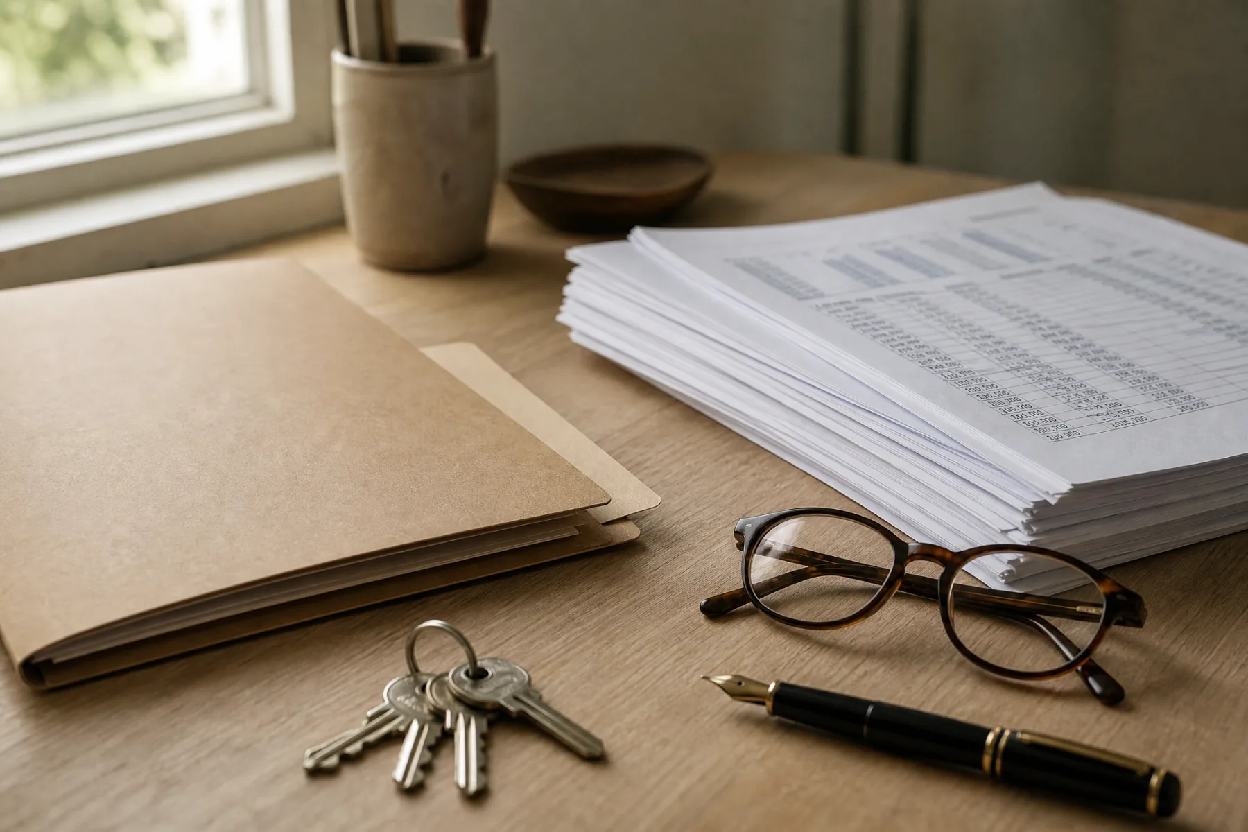 Dossier cartonné fermé, états financiers imprimés, trousseau de clés, lunettes et stylo posés sur un bureau en bois clair