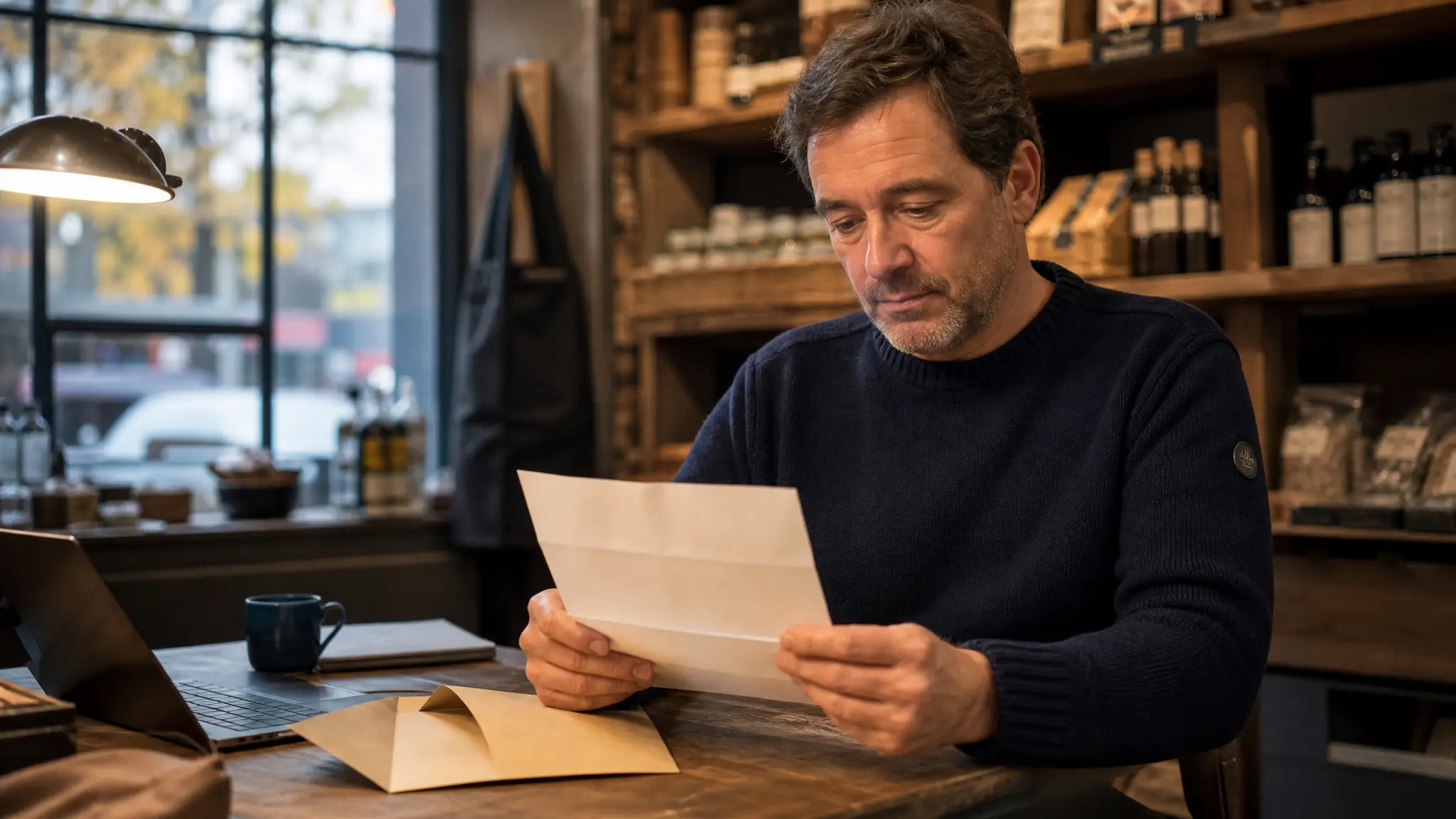 Un commerçant assis à un petit bureau dans l’arrière-boutique, tenant un avis d’imposition imprimé, une enveloppe ouverte posée à côté