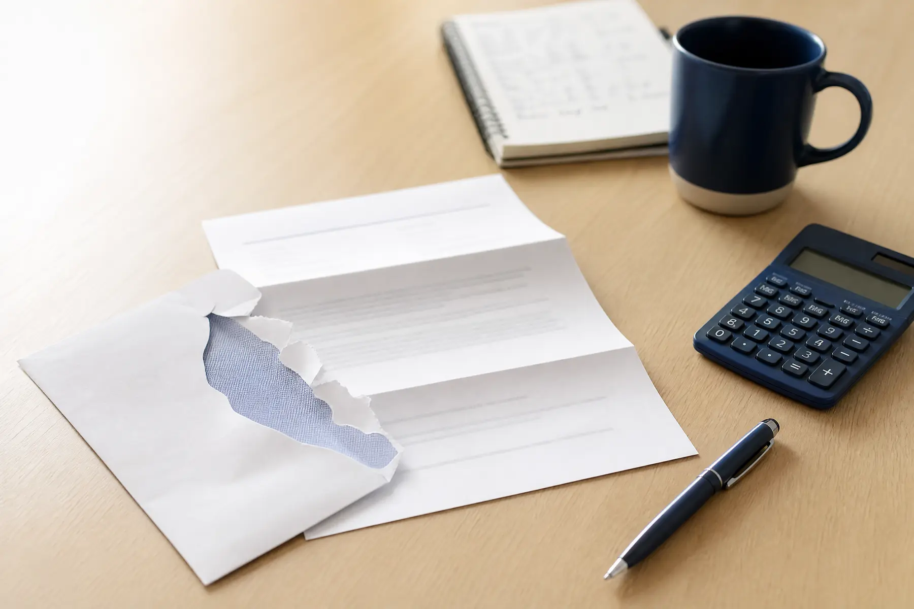 Courrier administratif ouvert, enveloppe décachetée, calculatrice, stylo et carnet posés sur un bureau en chêne clair