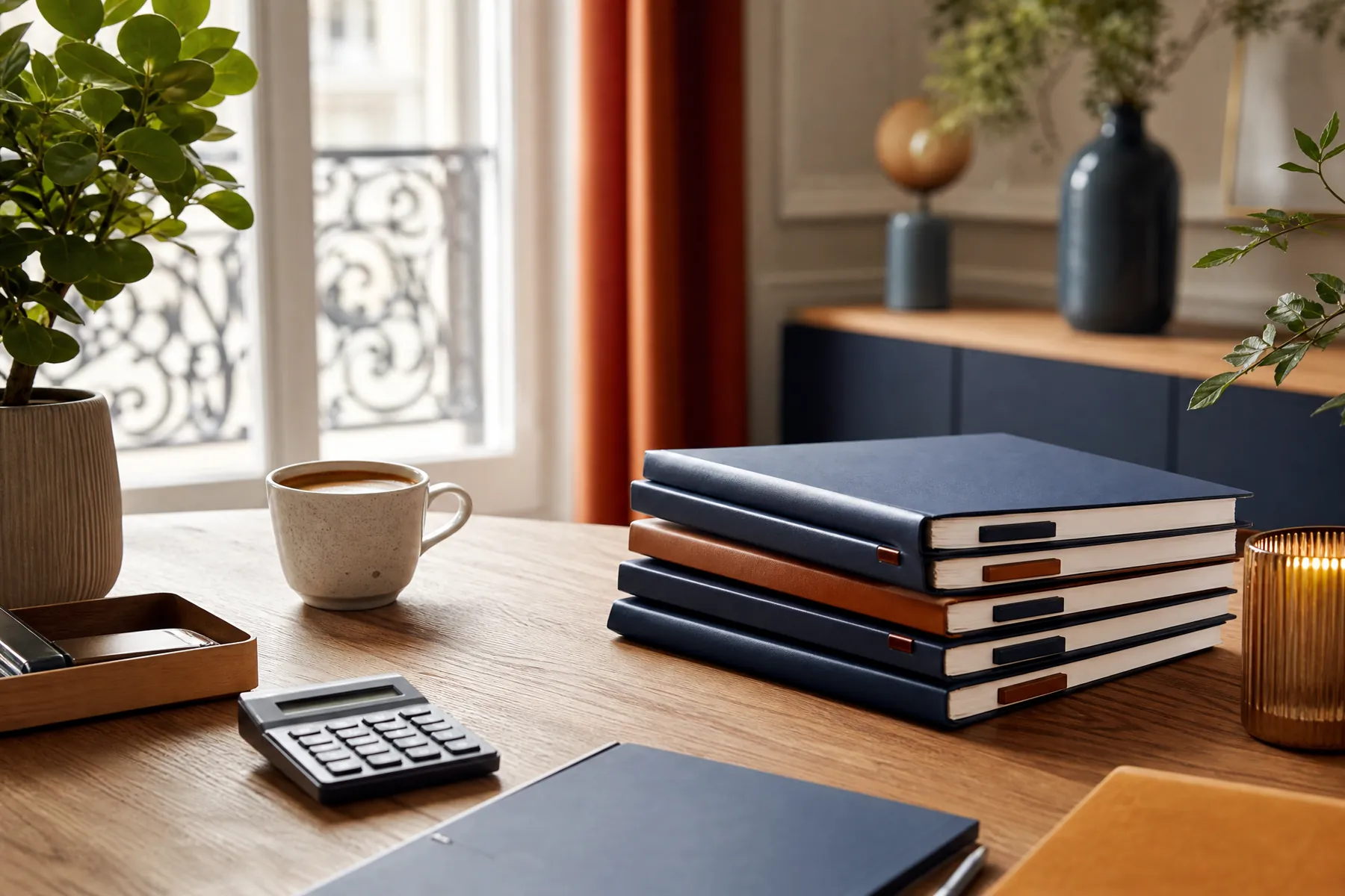 Livres comptables, calculatrice et ordinateur portable sur un bureau, illustrant la tenue des comptes