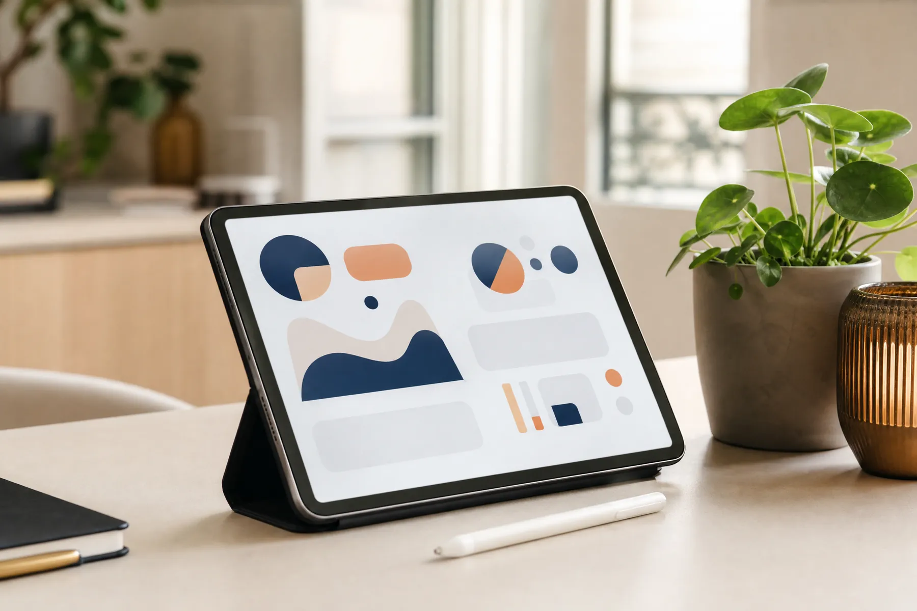 Tablette posée sur un bureau affichant un tableau de bord sobre, illustrant le contrôle de gestion