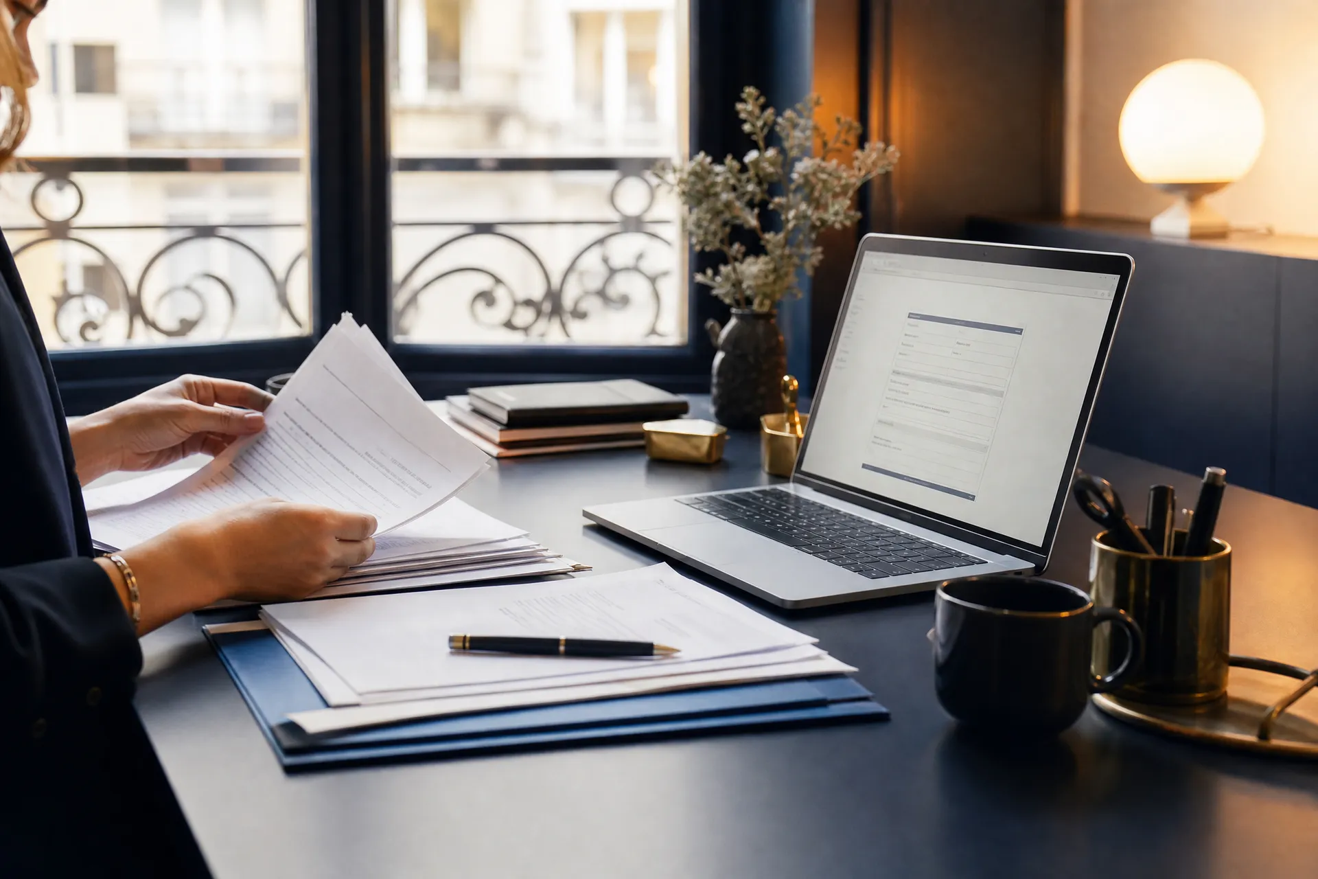 Mains remplissant un document administratif sur un bureau.