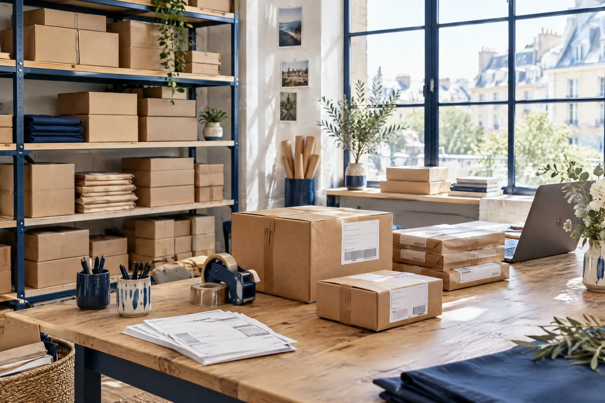 Atelier d’expédition d’une boutique en ligne : étagères de cartons kraft, table d’emballage et colis prêts à partir, à la lumière du jour