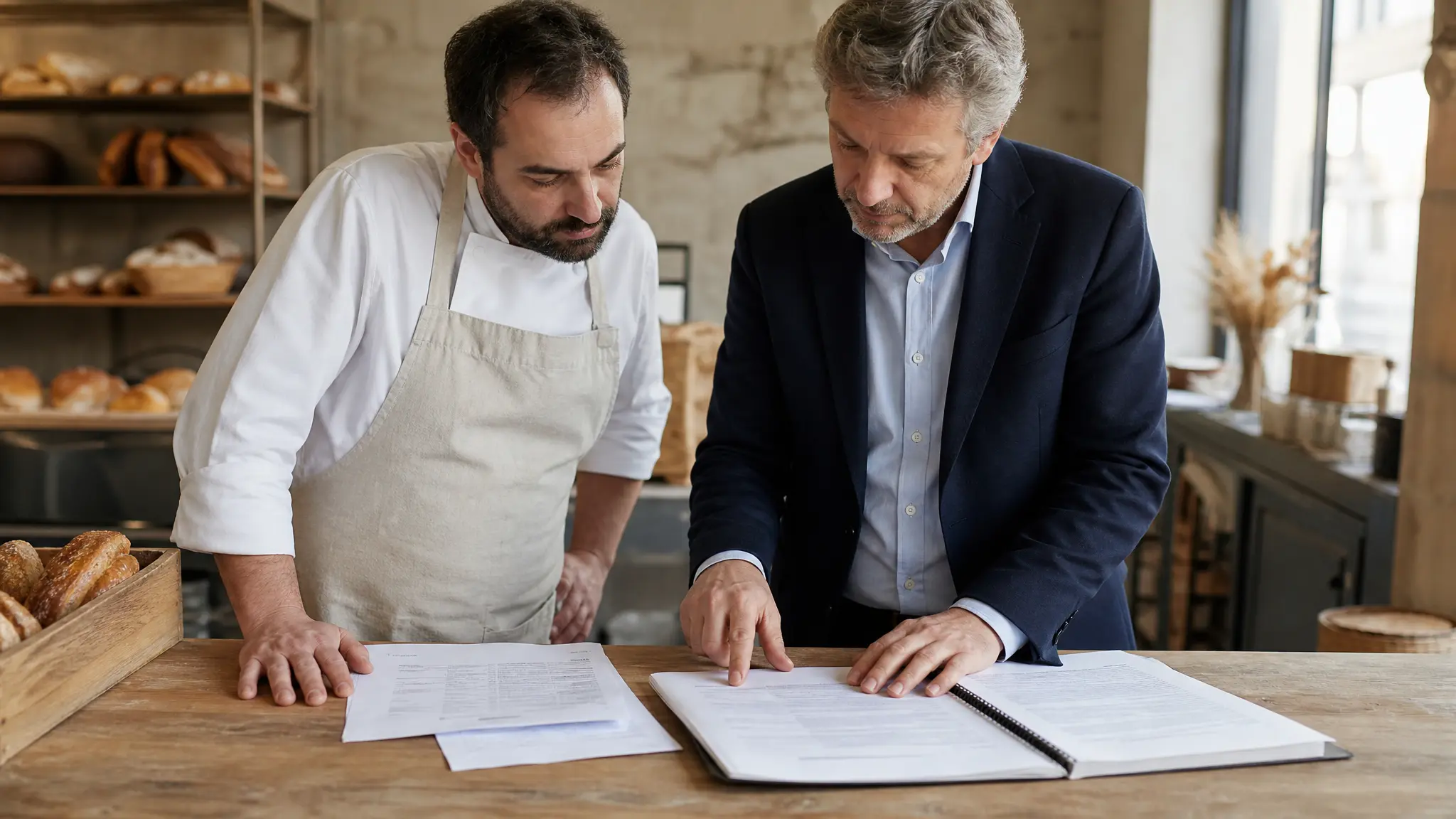 Une commerçante en tablier et un comptable en veste sombre, debout derrière un comptoir en bois, penchés ensemble sur des états financiers imprimés