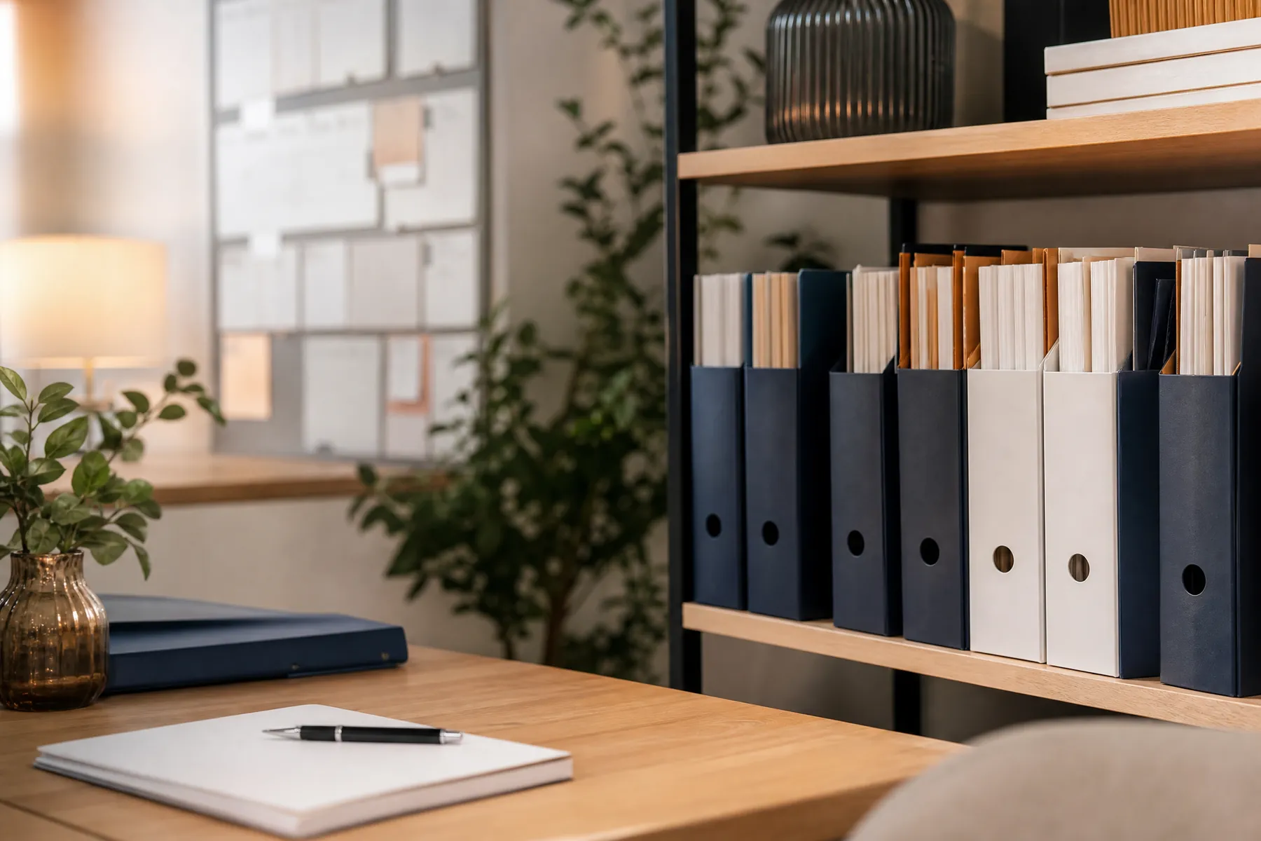 Classeurs et dossiers fiscaux rangés avec un stylo, illustrant l’organisation des échéances