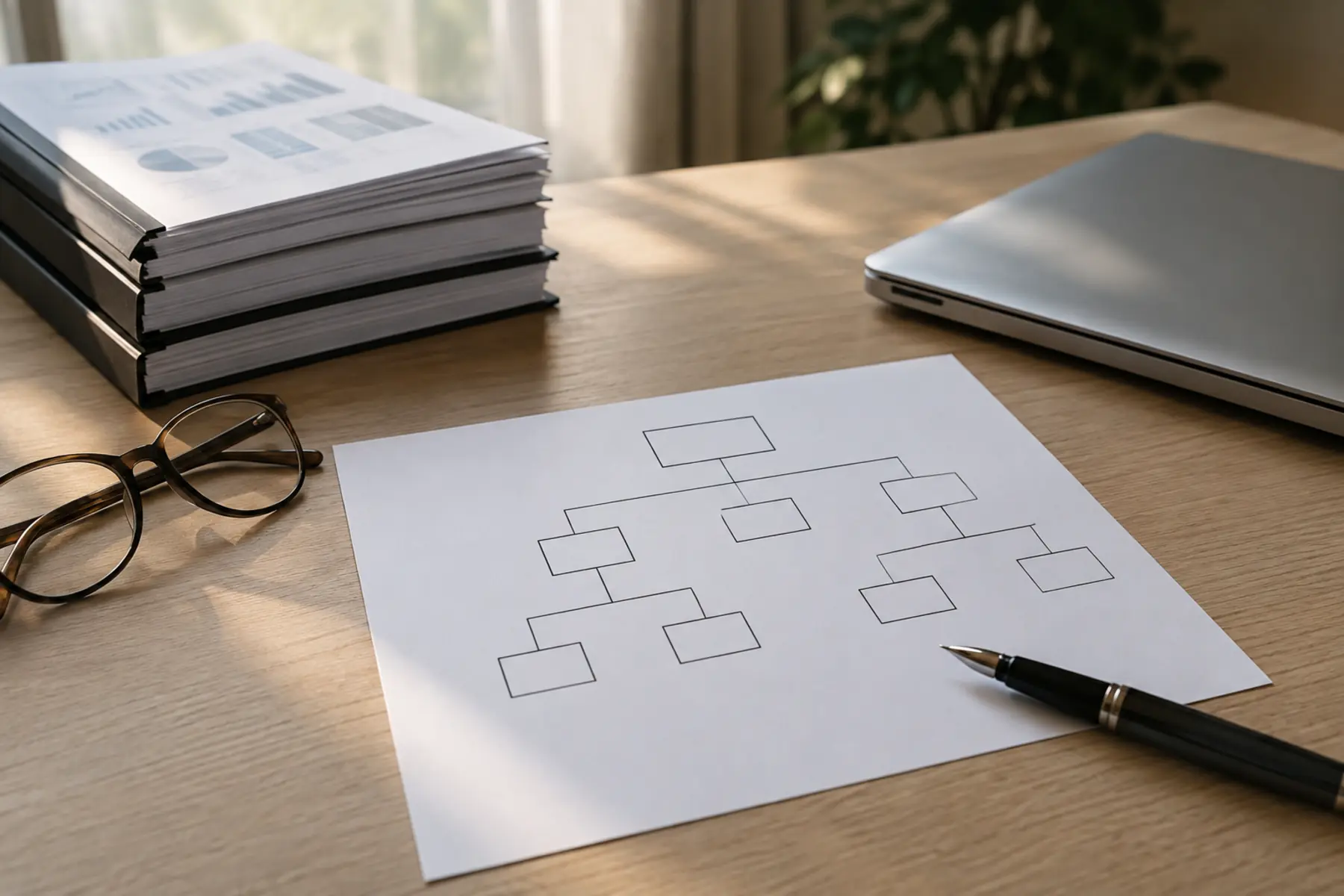 Organigramme de groupe dessiné sur une feuille posée sur un bureau, à côté de rapports financiers reliés, de lunettes et d’un stylo plume