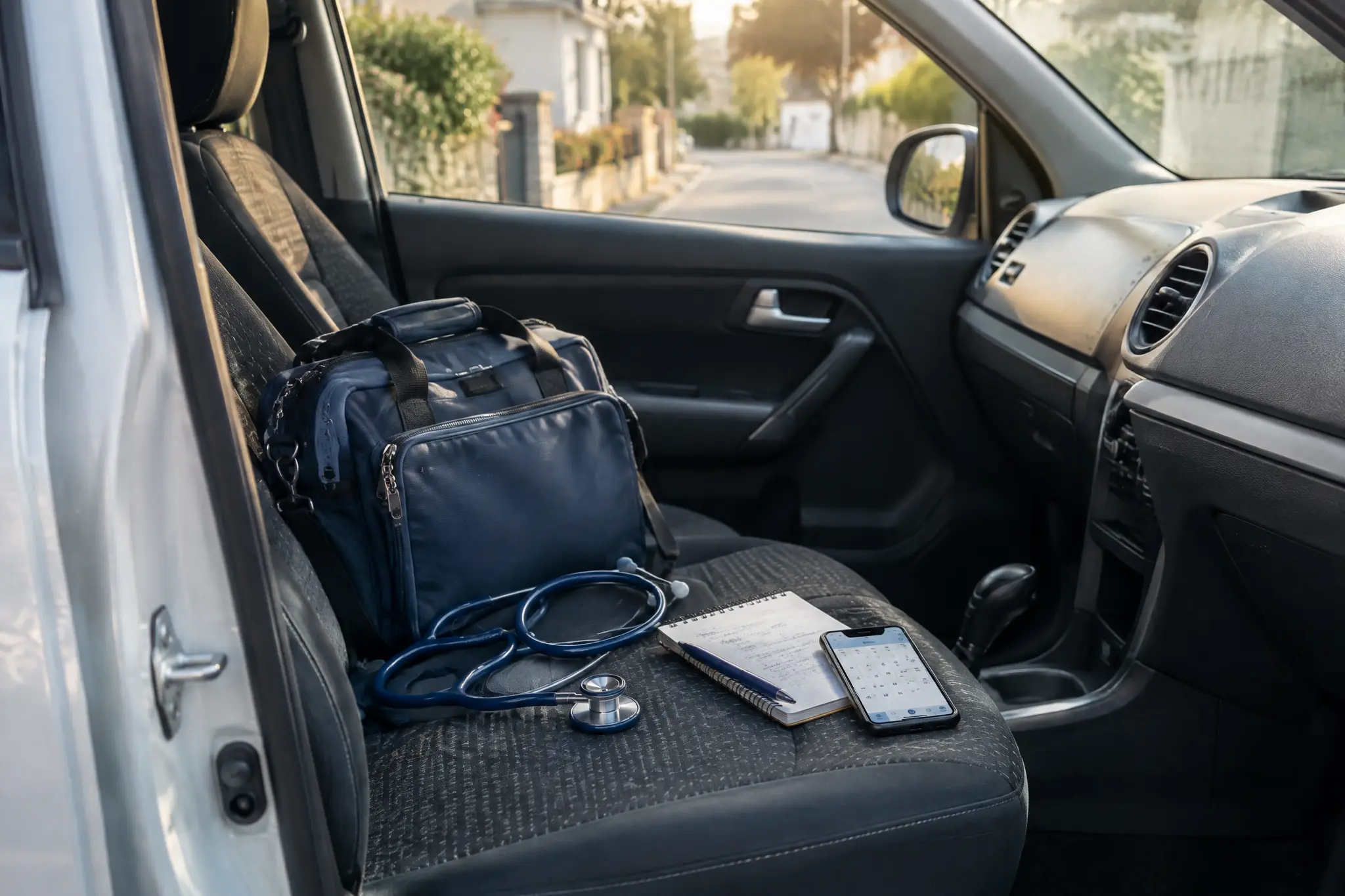 Siège passager d’une voiture garée dans une rue calme au petit matin : sacoche de soins, stéthoscope, carnet de tournée et téléphone