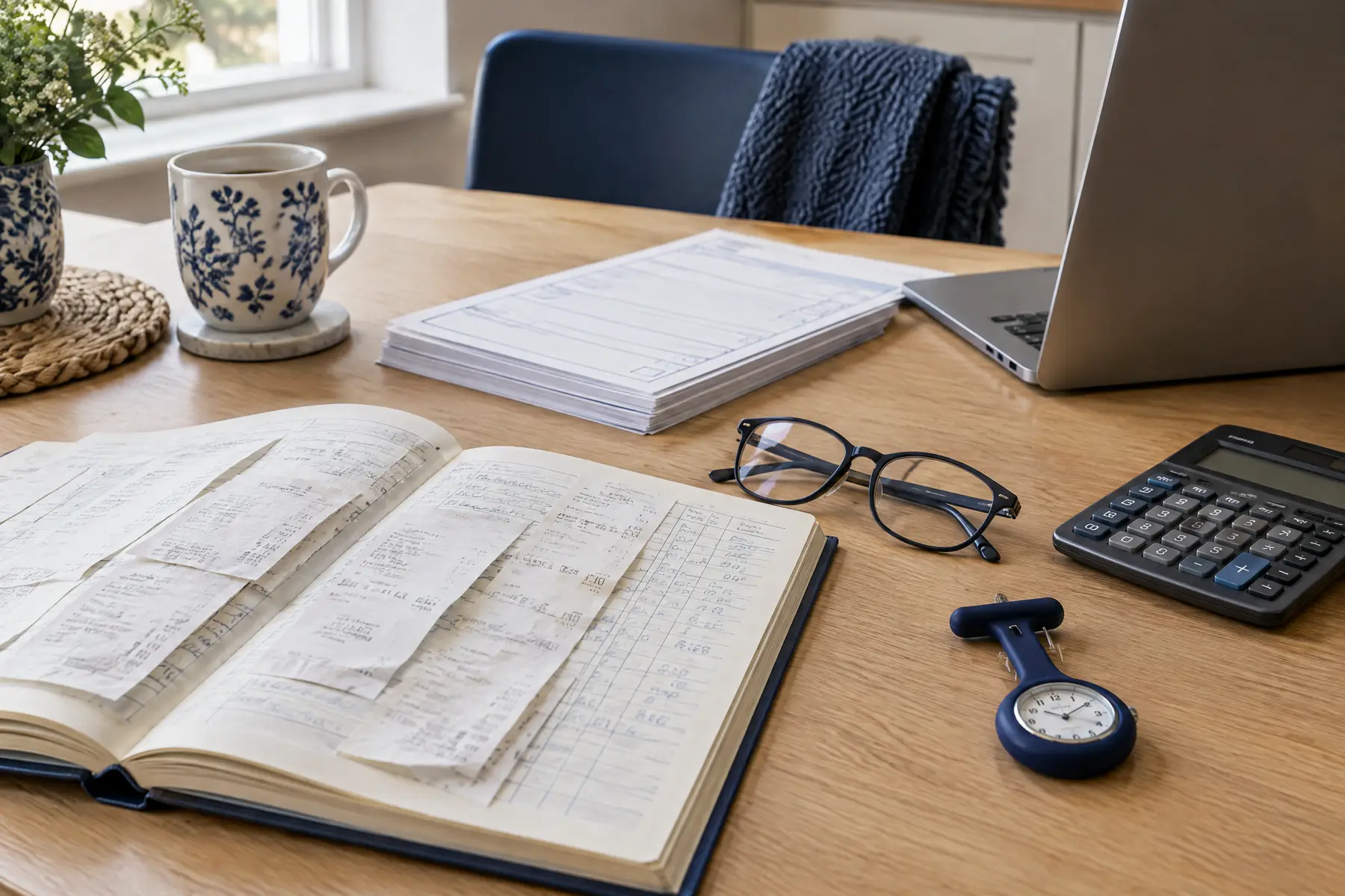 Table de cuisine en chêne en fin de journée : registre de reçus ouvert, formulaires de soins, lunettes, montre d’infirmière et calculatrice