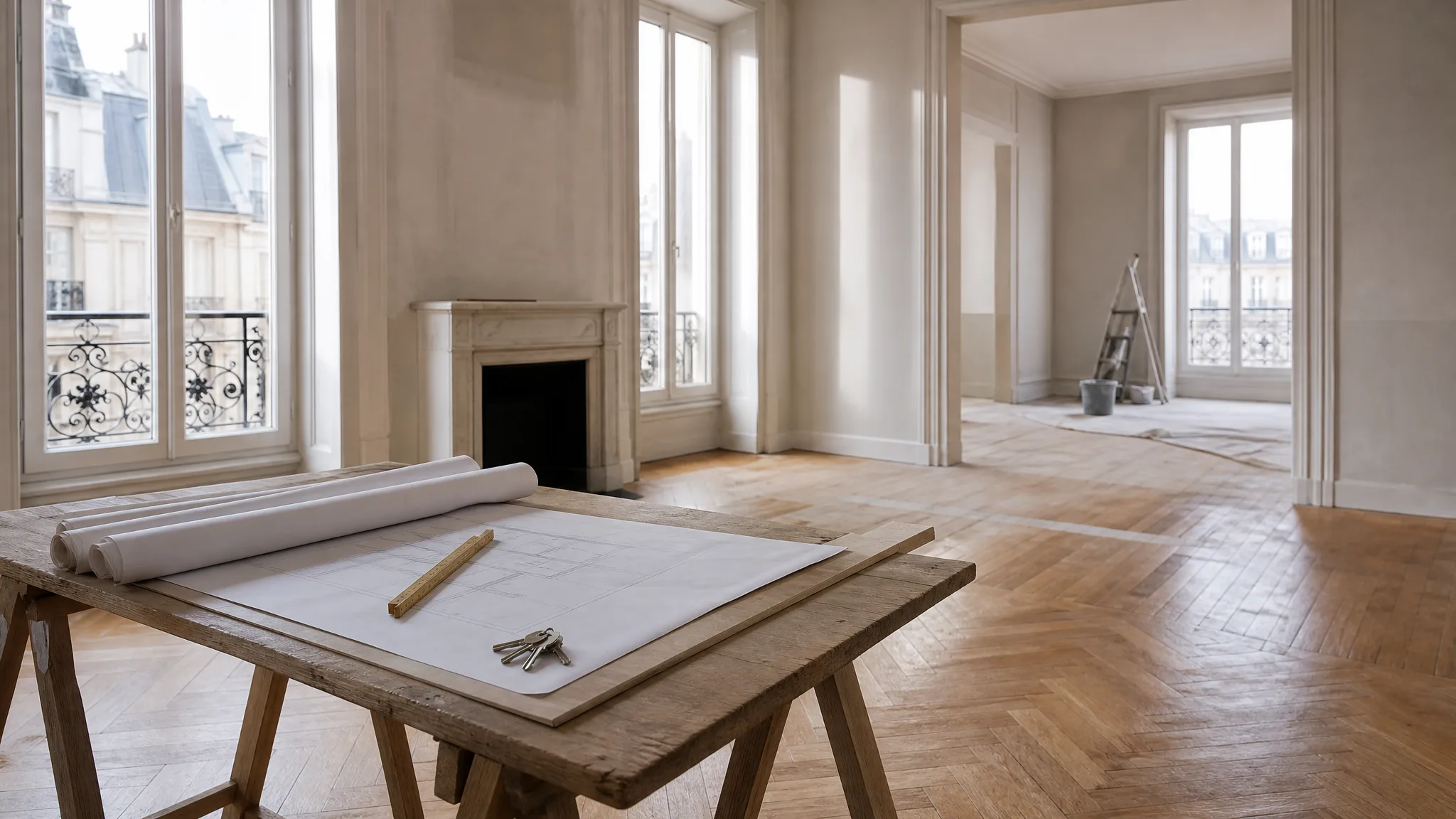Appartement ancien en cours de rénovation, parquet à chevrons et grandes fenêtres, avec des plans, un mètre pliant et un trousseau de clés posés sur une table à tréteaux