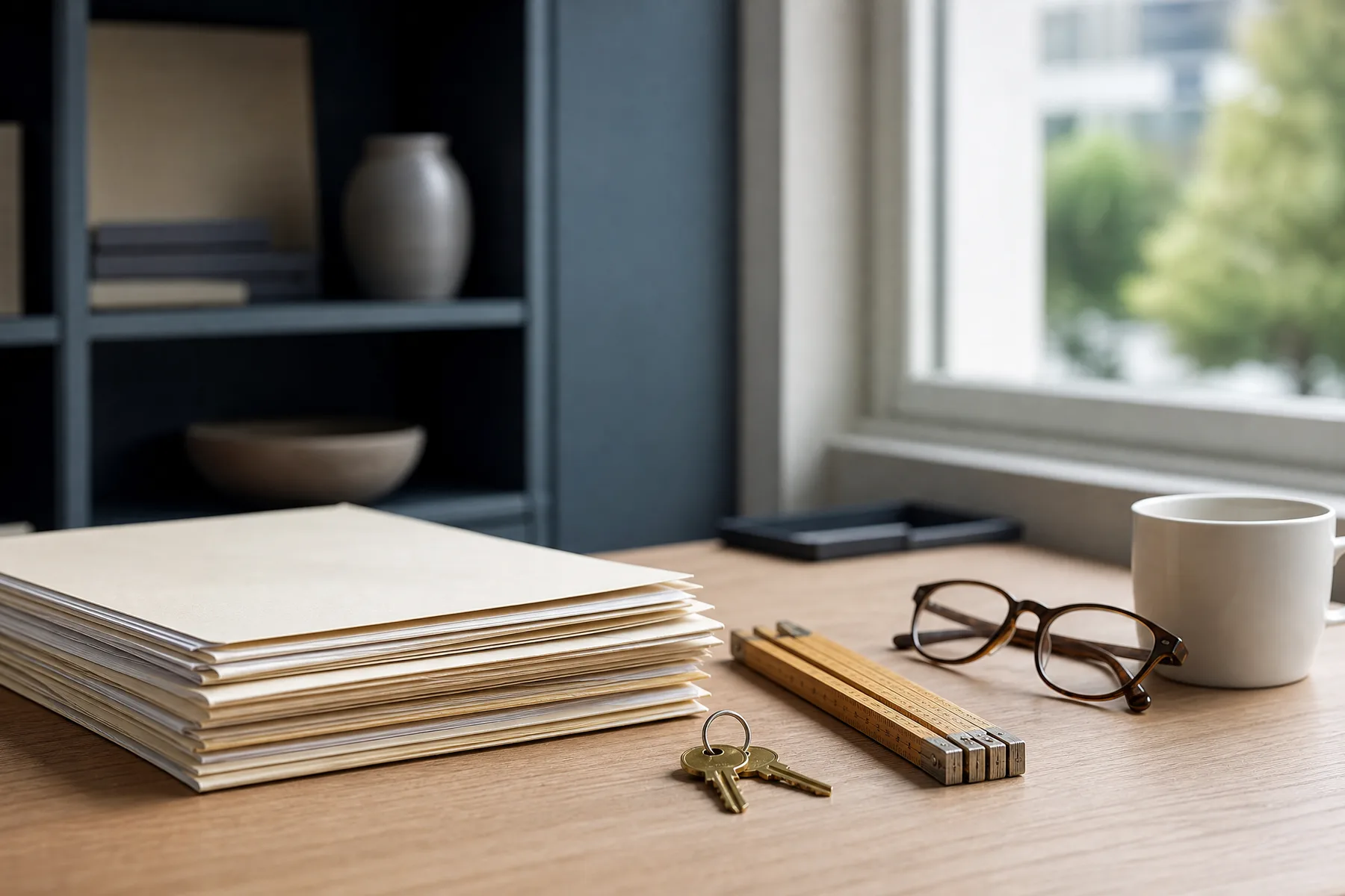 Dossiers, trousseau de clés, mètre pliant et lunettes posés sur un bureau en bois clair devant une fenêtre