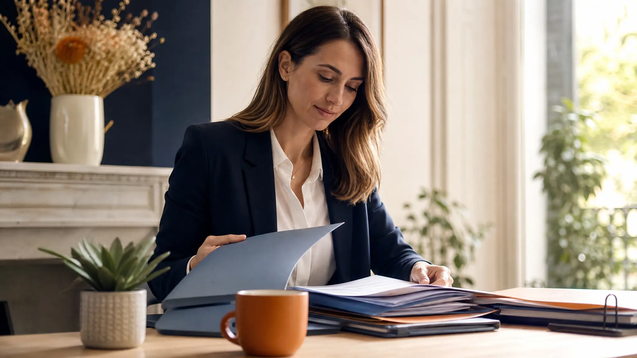 Conseiller en paie préparant des documents sur un bureau clair, illustrant l’accompagnement social du cabinet