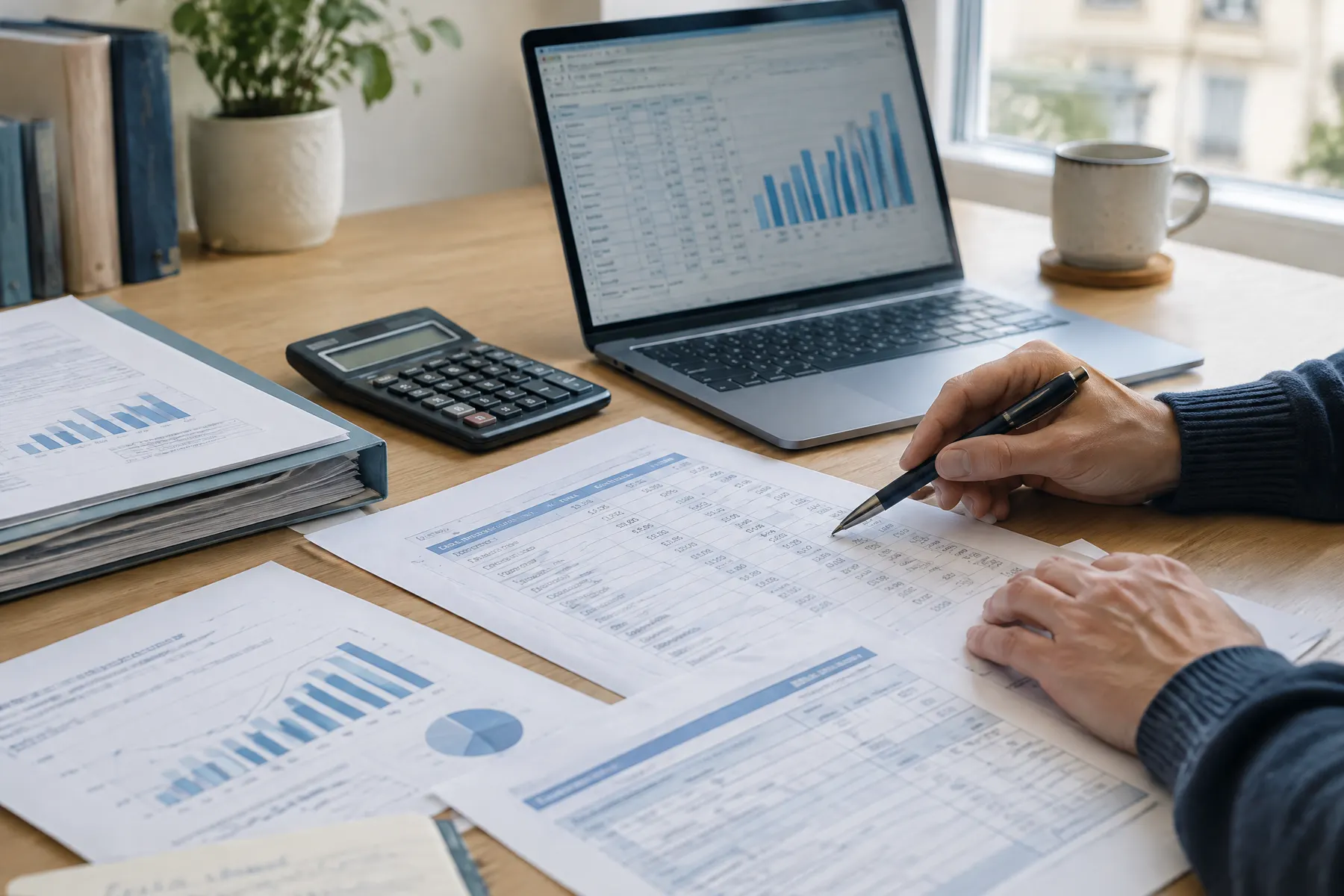 Mains posées sur des comptes annuels imprimés, un stylo pointé sur une ligne de chiffres, une calculatrice et un ordinateur portable affichant un tableau