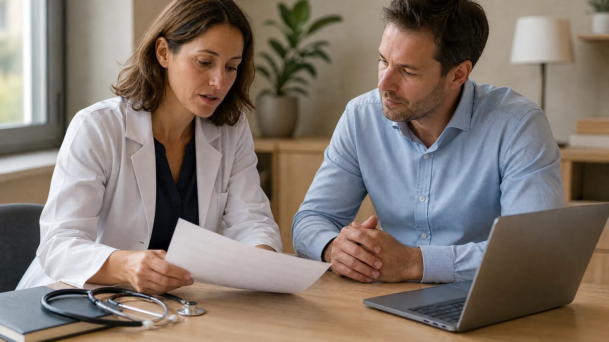 Praticienne en blouse blanche examinant un document comptable avec son conseiller, autour d’une table en bois clair
