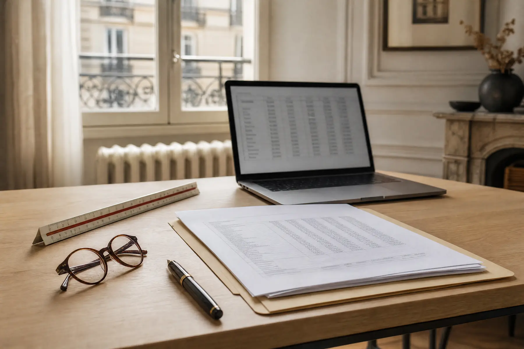 Bureau de professionnel libéral avec dossier de déclaration, lunettes, stylo plume et ordinateur portable près d’une fenêtre