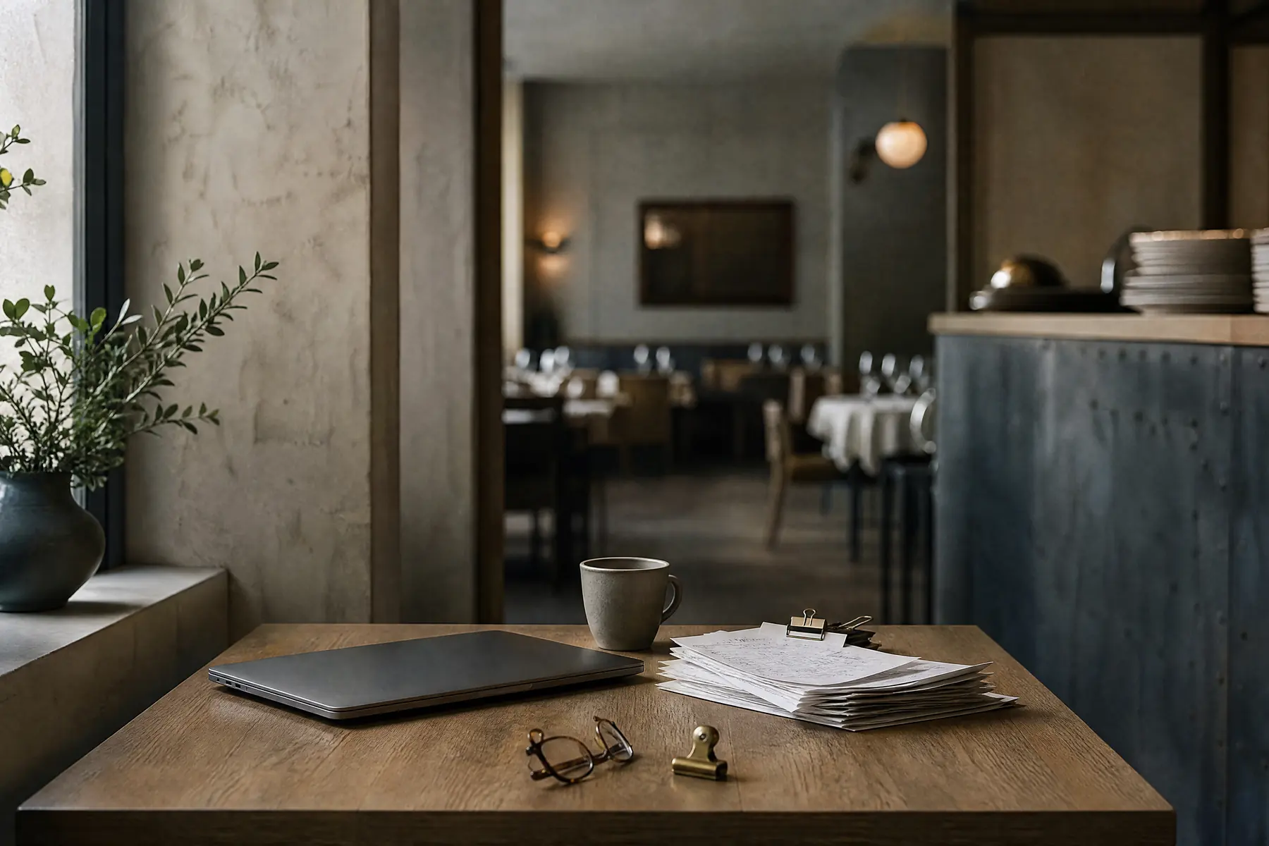 Coin de gestion d’un restaurant en fin de service : ordinateur portable fermé, bons de livraison fournisseurs empilés, tasse et lunettes sur une table en chêne