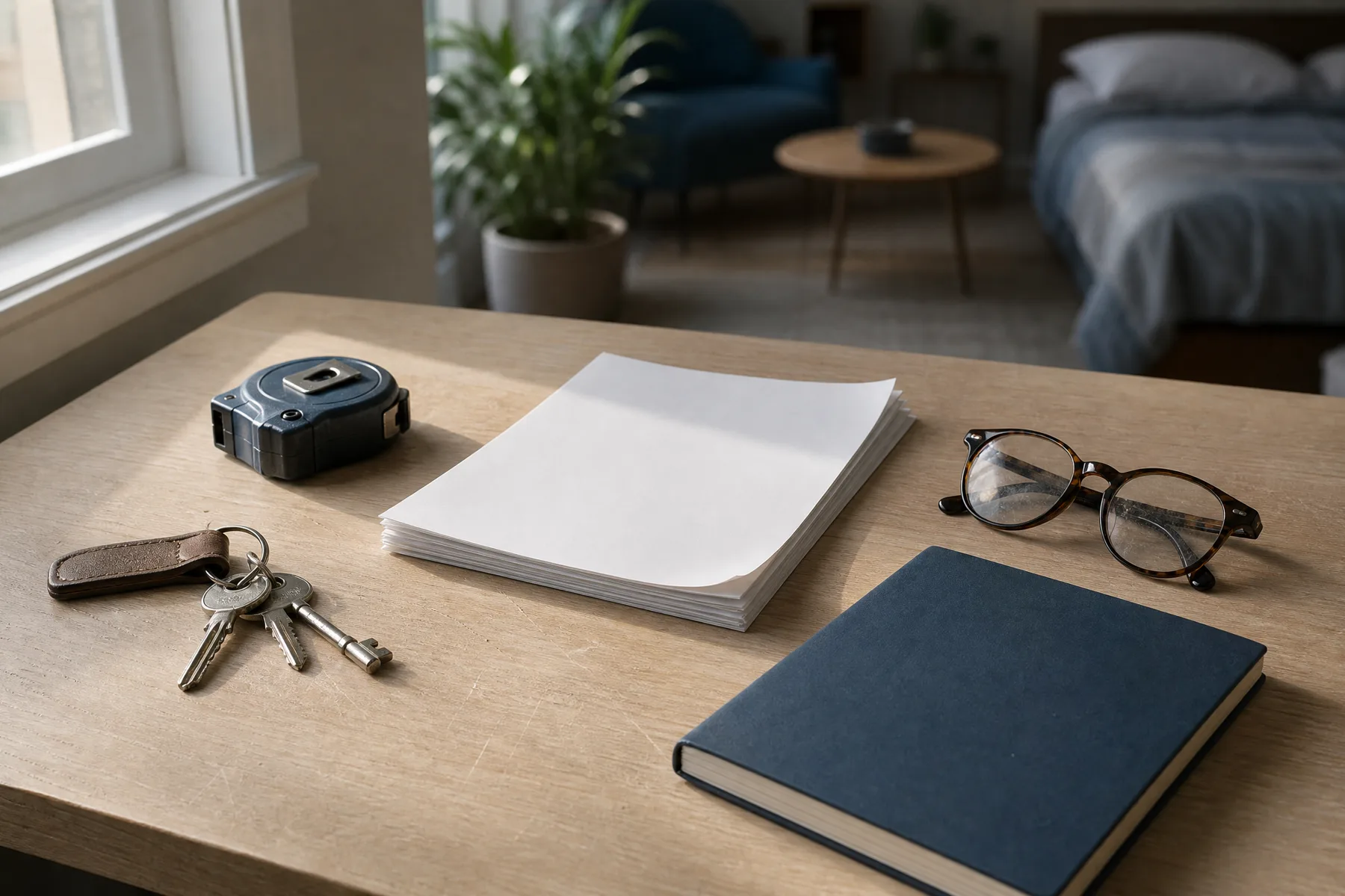 Trousseau de clés, mètre ruban, lunettes et documents posés sur un bureau en bois clair devant un studio meublé