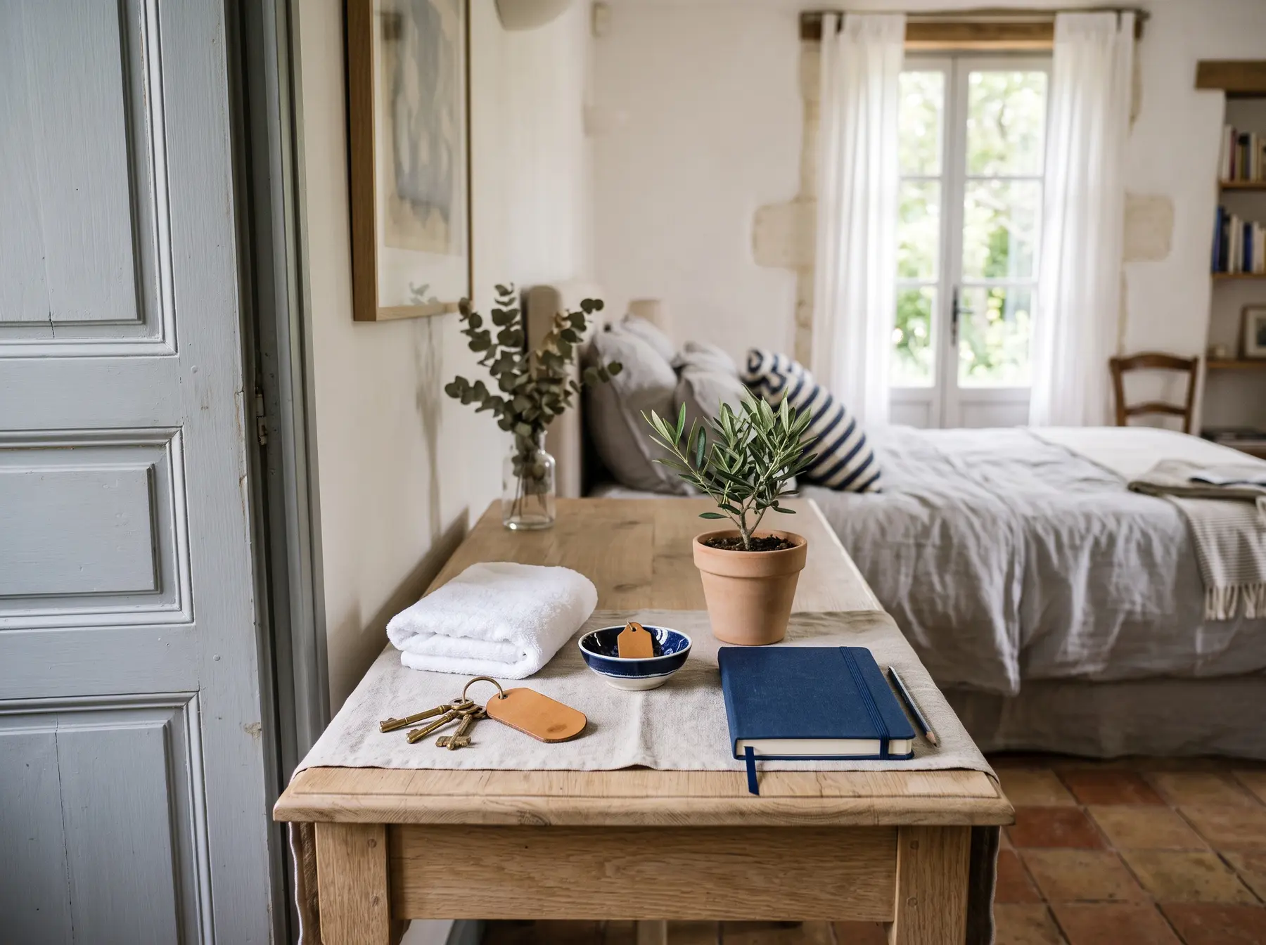 Entrée d’un logement meublé : clés, serviette pliée et carnet posés sur une console en bois, lit fait en arrière-plan