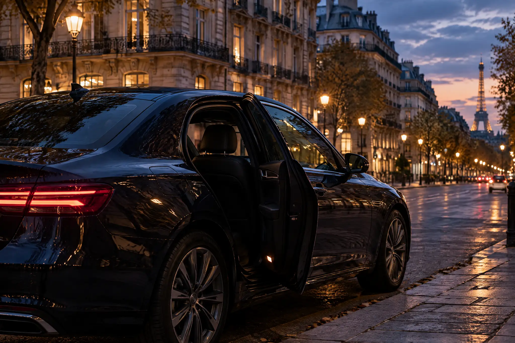 Berline sombre garée le long d’un boulevard parisien à la tombée du jour, portière arrière ouverte, réverbères allumés