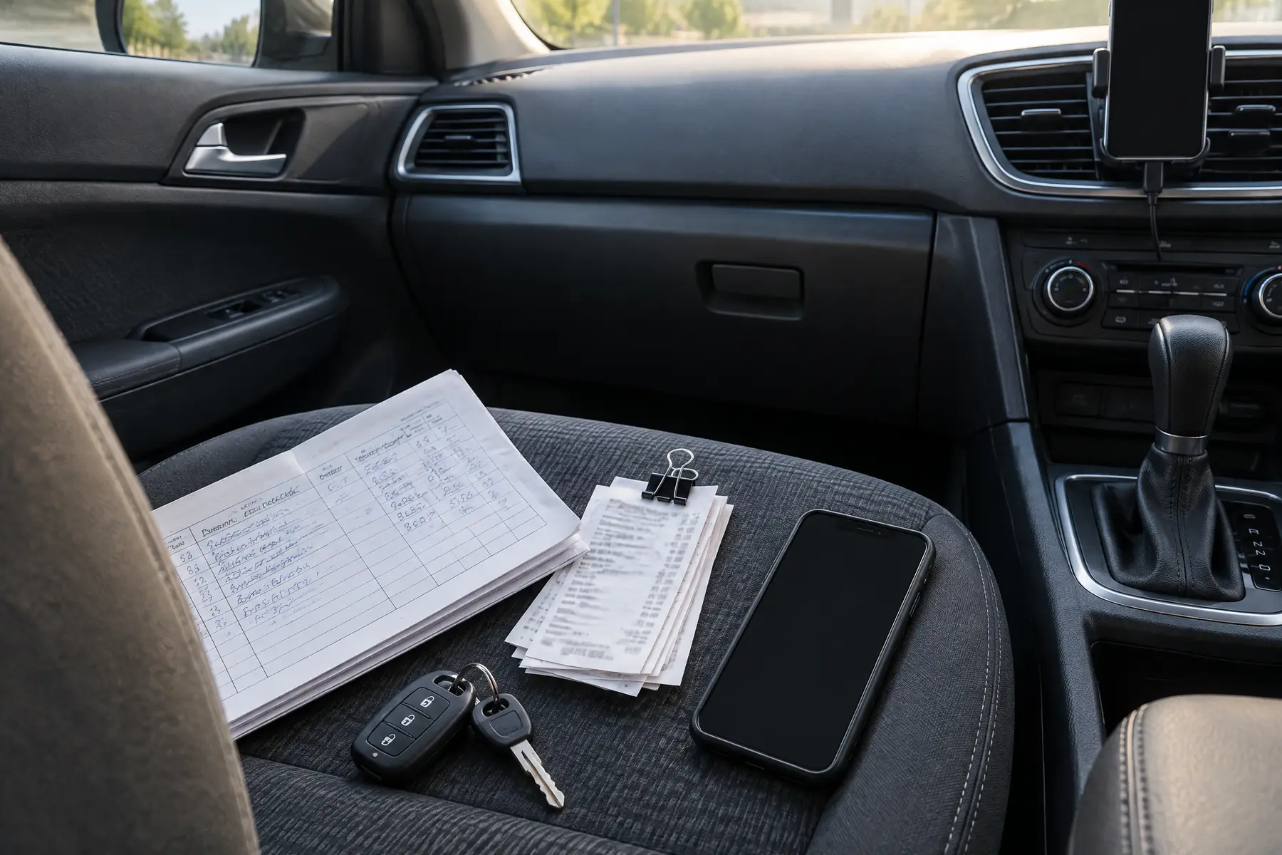 Siège passager d’une voiture : carnet de courses, tickets de carburant pincés, clés et téléphone